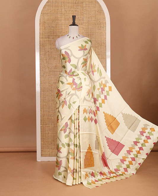 Borderless cream jamdani weaving design gajji silk saree and  jamdani design self pallu along with printed blouse