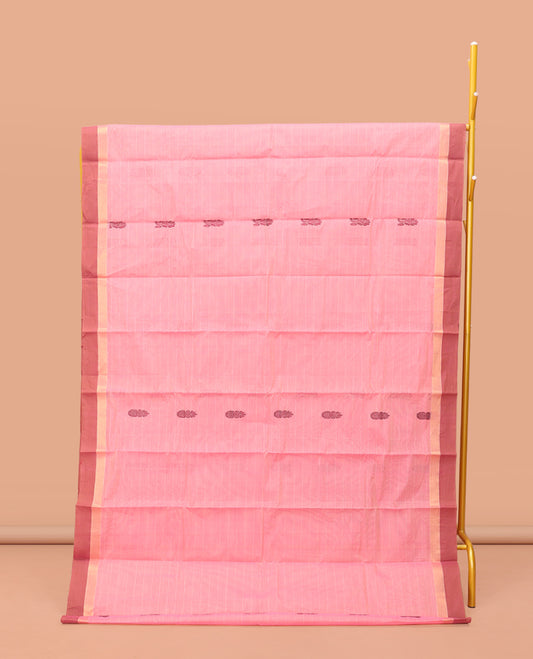 Pink Kanchi Cotton Saree, Featuring Buttas and Stripes on Its Body, Contrast Border, Pallu of Floral Design, and a Matching Blouse