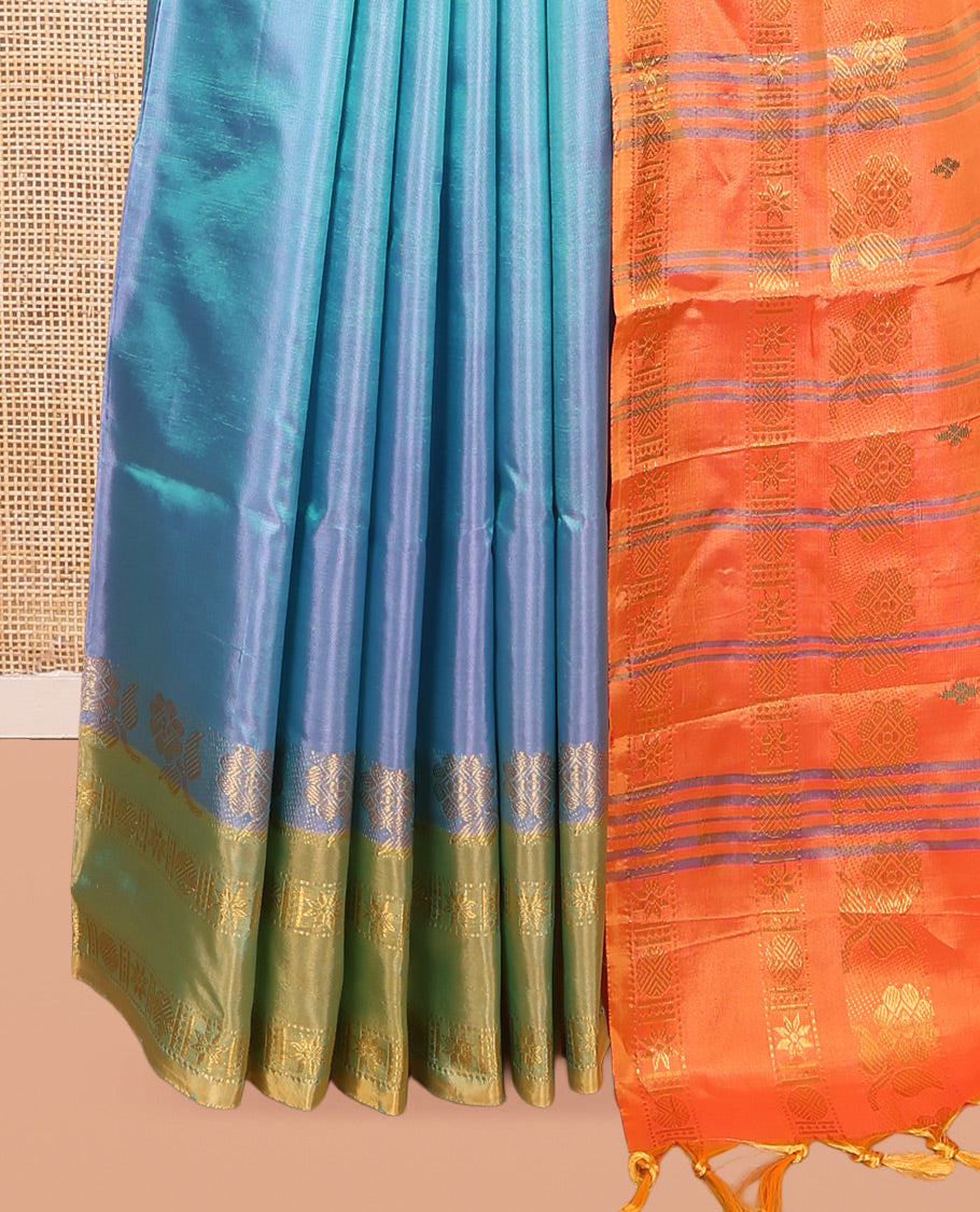 Blue Banana Pith Saree, Woven with Thread Buttas, Complemented by a Contrast Rettai Pettu Traditional Border, Pallu of Stripes and Buttas, and a Contrast Blouse