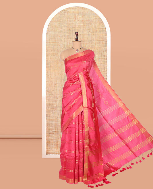 Pink Banana Pith Saree, Ornamented with Zari Designs, a Zari Border, Striped Pallu, and Matching Blouse