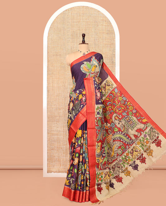 Purple Kalamkari Printed Semi-Banarasi Tussar Saree, Bedecked with Flora, Fauna, and Human Motifs, Contrast Traditional Border, Contrast Printed Pallu, and a Contrast Blouse