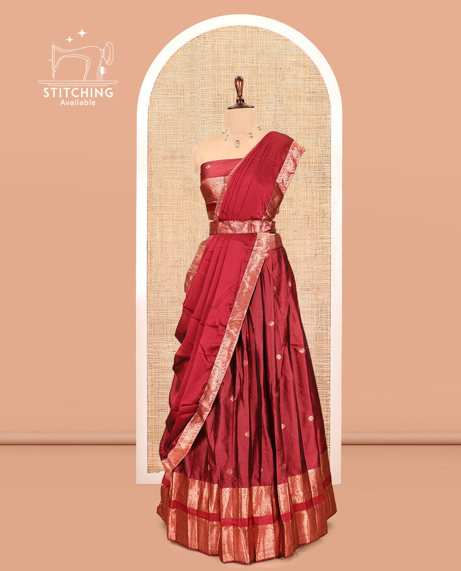 Red Semi-Silk Half-Saree, Adorned with Zari Buttas Woven Skirt, a Rettai Pettu Traditional Border, a Matching Blouse, and Dhavani