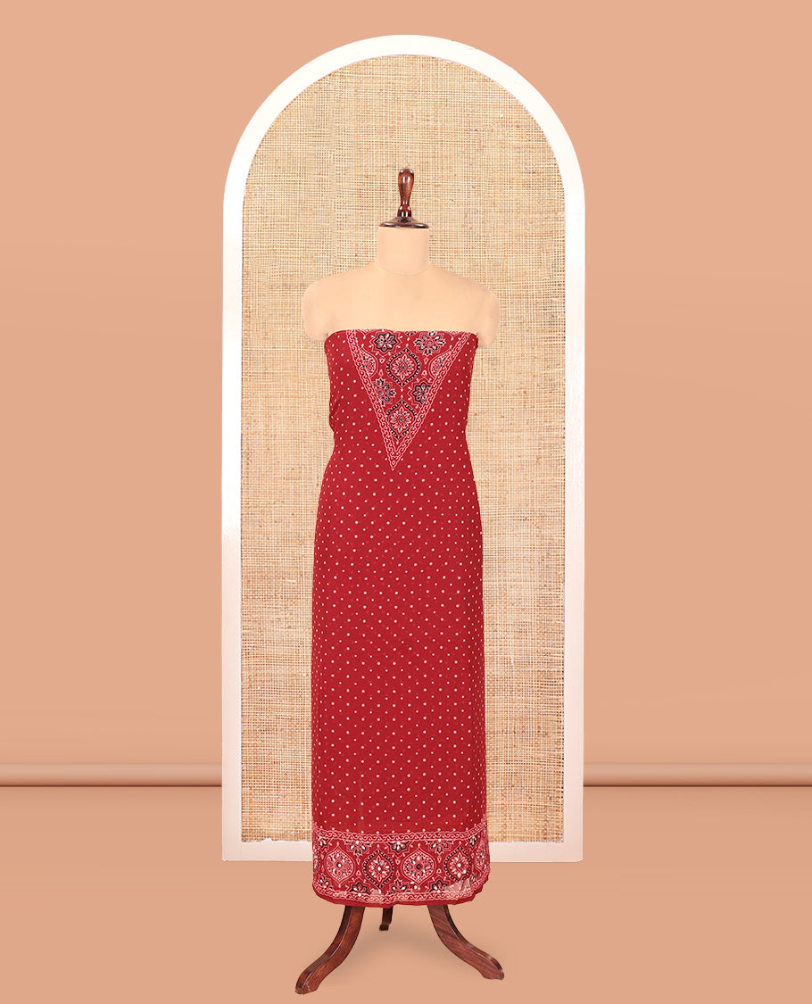 Maroon Georgette Material Churidar Set, Polka Dot and Ajrakh Neck Work Top, a Matching Bottom, and Ajrakh Printed Dupatta