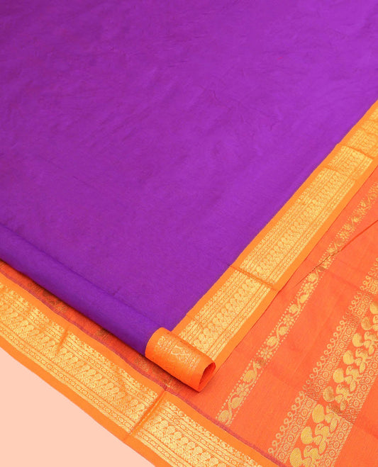 Violet Plain Nine Yard Cotton Saree, Complemented by Contrast Traditional Zari Design Border, Pallu of Traditional  Designs, and Comes Without a Blouse