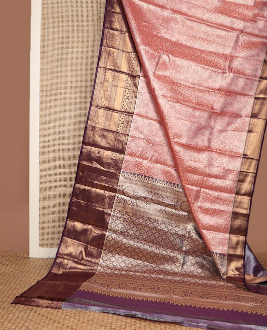 Pink floral vine jacquard budget silk saree, contrast traditional zari border, and jaal pallu
