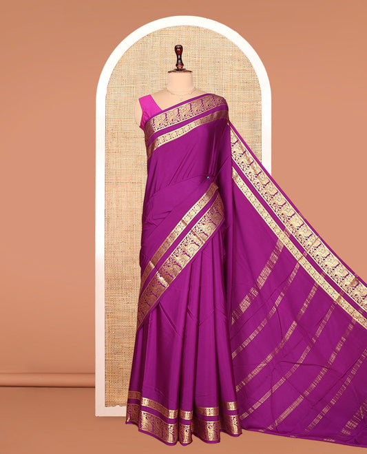 Purple Plain Mysore Silk Saree, Artfully Designed with Zari Border of Peacock Designs, Sparsely Woven Pallu of Stripes, and Paired with a Matching Blouse