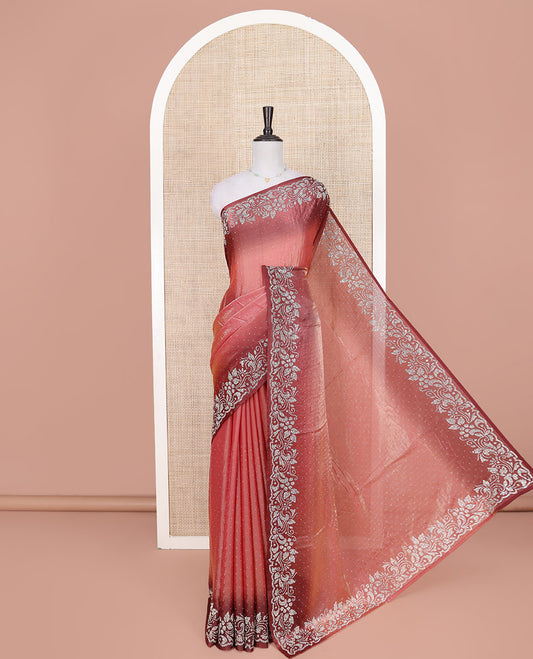 Peach Designer Saree, Adorned with Stone Struck on Its Body, Complemented by a Contrast Floral Design Stone Work Border, Pallu of Stone Work, and Paired with a Contrast Blouse