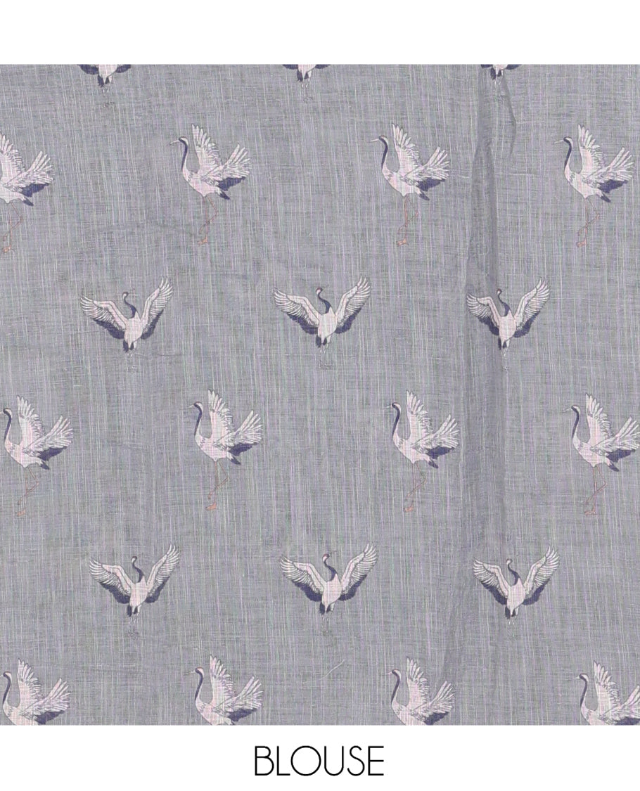 Borderless Grey Linen Cotton Saree, Adorned with Crane Motifs Print, and a Matching Blouse