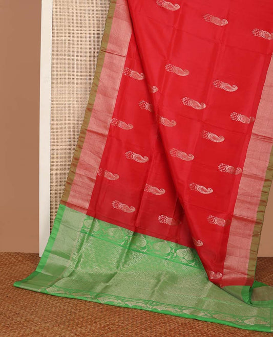 Red paisley motifs uppada saree with contrast zari border & argyle design pallu