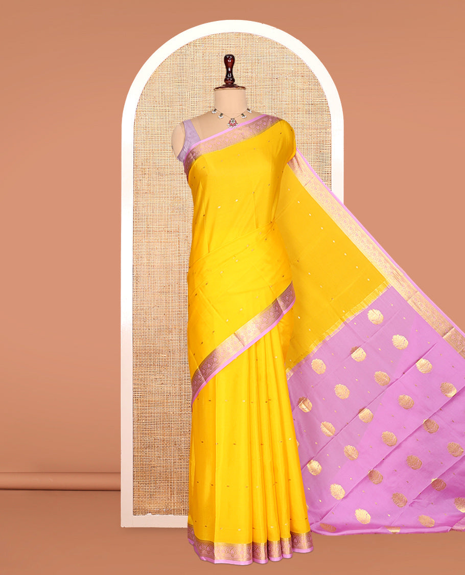 Yellow Zari Buttas Mysore Silk Saree, Complemented by a Contrast Traditional Zari Border, Zari Design Pallu, and a Contrast Blouse