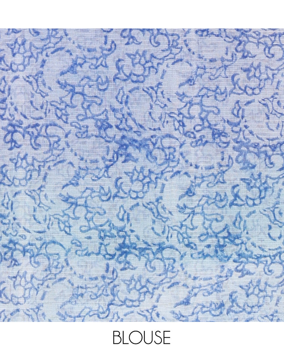 Blue Plain Ombre-Styled Kota Doria Saree, a Contrast Floral Printed Border, and a Contrast Printed Blouse