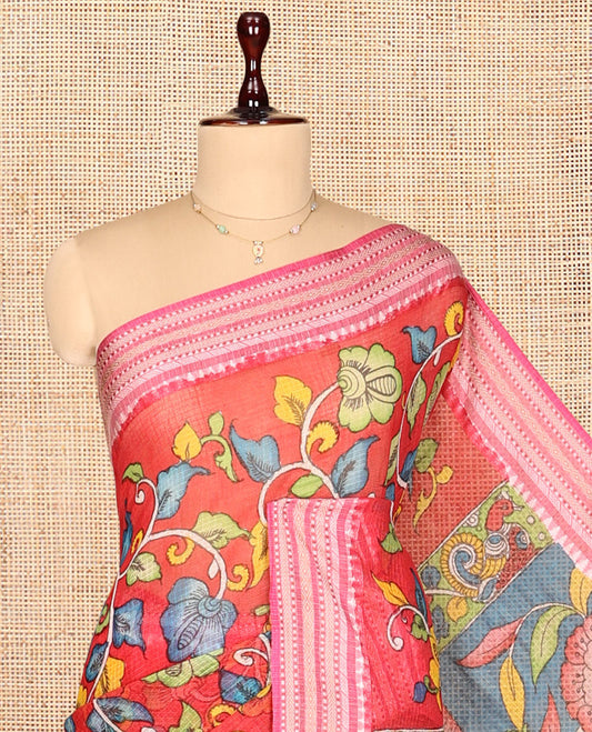 Red Kalamkari Silk Saree, Crafted with Floral Vine Print, a Contrast Traditional Thread Border, Pallu of Ancient Human Figurines, and a Contrast Blouse