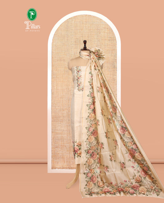 Gold-Chikku Tissue Material Churidar, Elevated with Rose Floral Printed Top, a Contrast Bottom, a Floral Printed Dupatta