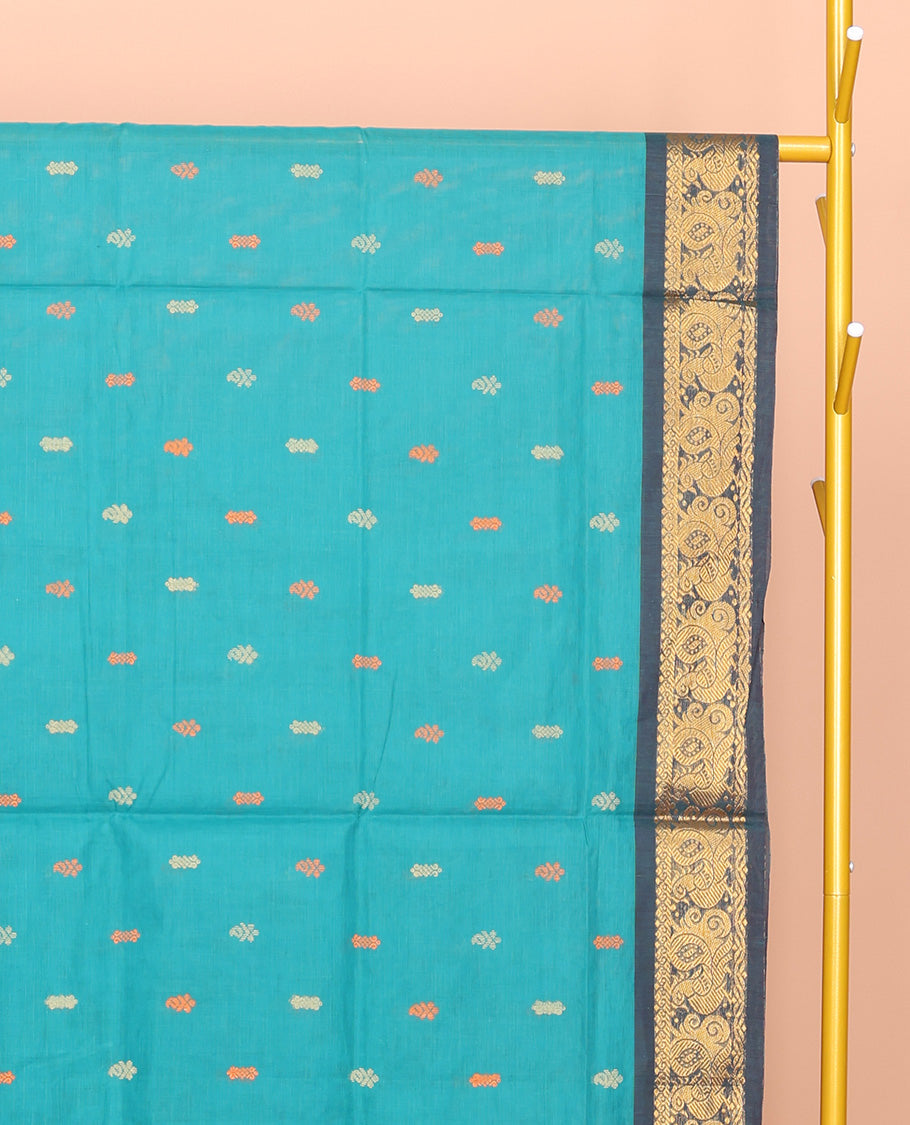 Blue Venkatagiri Cotton Saree, Adorned with Buttas, a Contrast Peacock Zari Border, Pallu of Buttas and Stripes, and No Blouse
