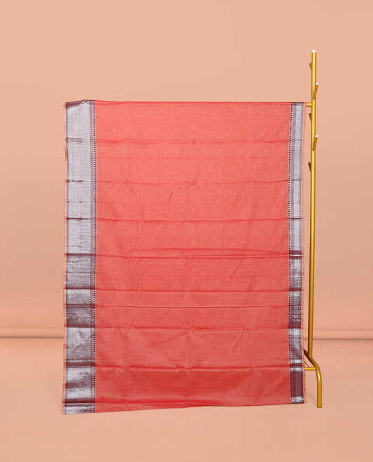 Peach Plain Narayanpet Cotton Saree, Complemented by a Contrast Traditional Design Border, Striped Pallu, and Comes Without a Blouse
