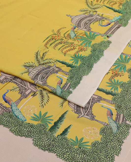 Yellow georgette saree with contrast forest theme design border
