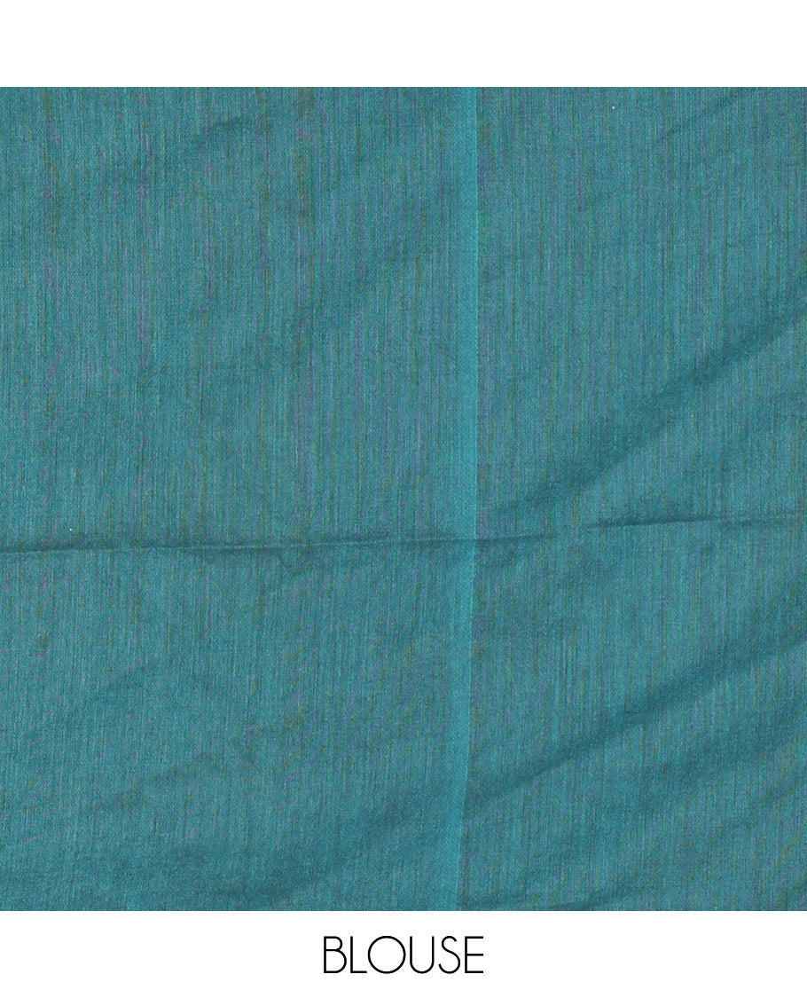 Borderless Peacock Color Plain Khadi Mul Cotton Saree Features a Self-Pallu with Tassels, and a Matching Blouse