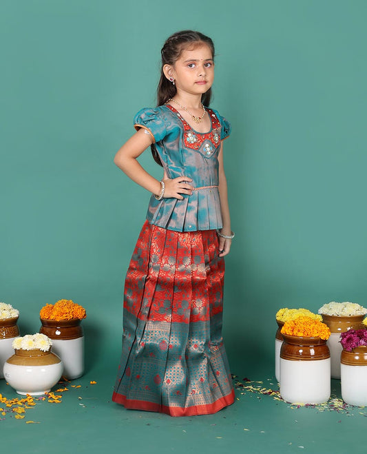 Rust art silk pavadai readymade set, jacquard with contrast traditional zari border skirt, contrast jacquard embroidered round neck puff-sleeve blouse