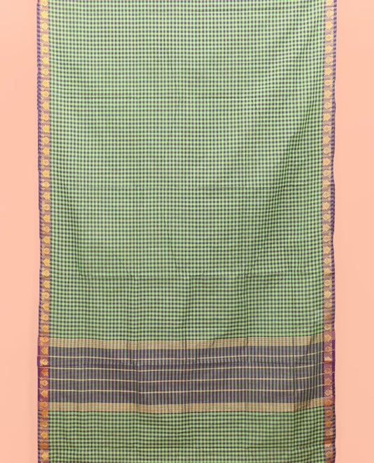 Green Micro-Checked Nine-Yard Cotton Saree, Highlighted by a Traditional Zari Border, Striped Pallu, and Comes Without a Blouse