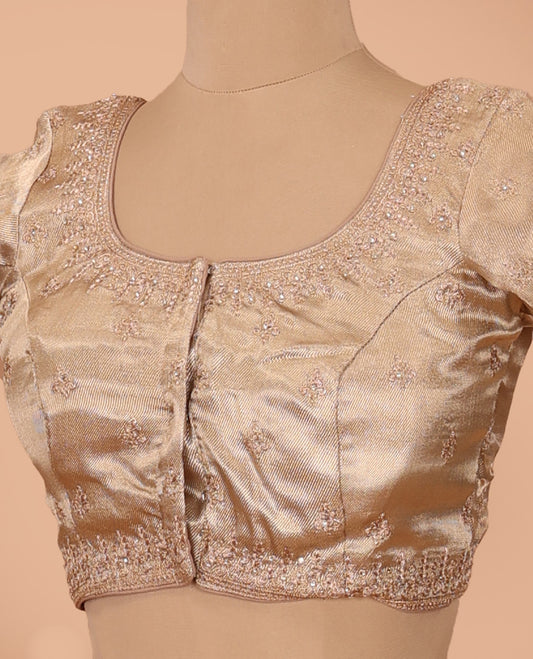 Gold thread embroidered front-back round neck elbow sleeve blouse