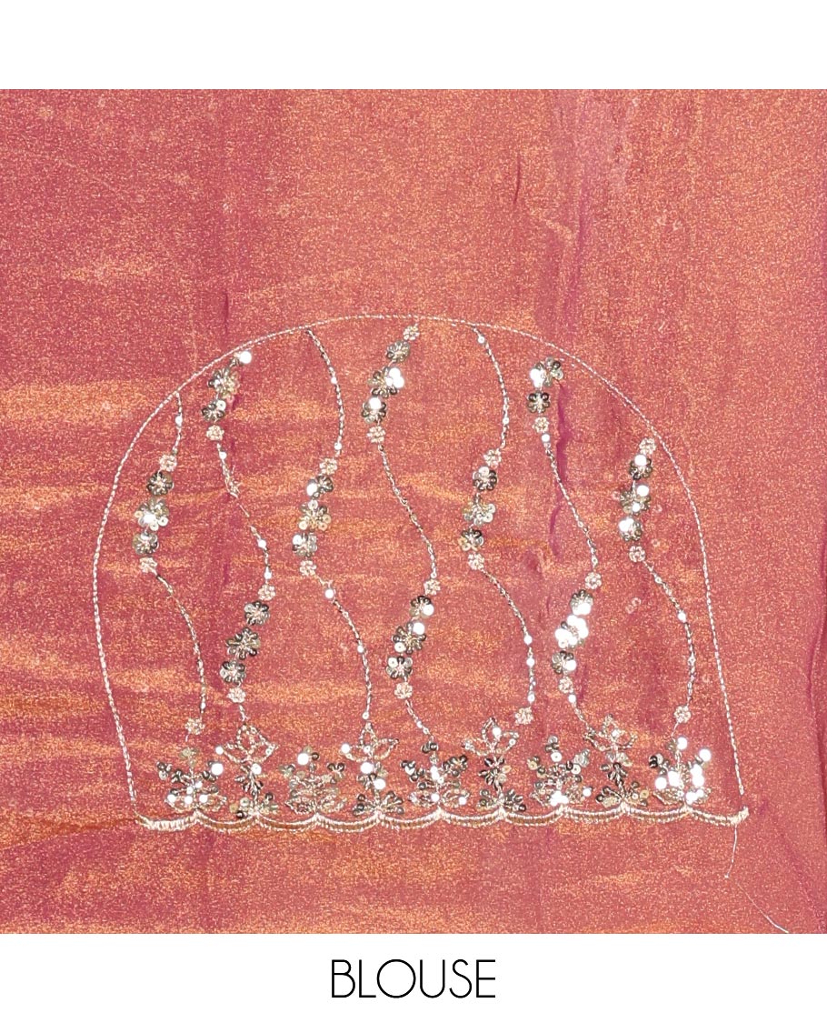 Pink Shimmer Chiffon Saree Elegantly Decked up with Sequins and Thread-Woven Ogee Patterns All Over the Body, Featuring a Scalloped Sequins Work Border, and Paired with a Matching Blouse Embellished with Sequins Work