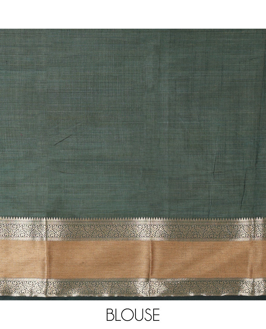Cream and Green Plain Art Tussar Saree, Complemented by a Contrast Rettai Pettu Traditional Zari Border, Zari Striped Pallu, and Paired with a Contrast Blouse