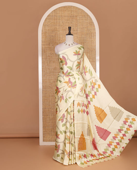 Borderless cream jamdani weaving design gajji silk saree and  jamdani design self pallu along with printed blouse