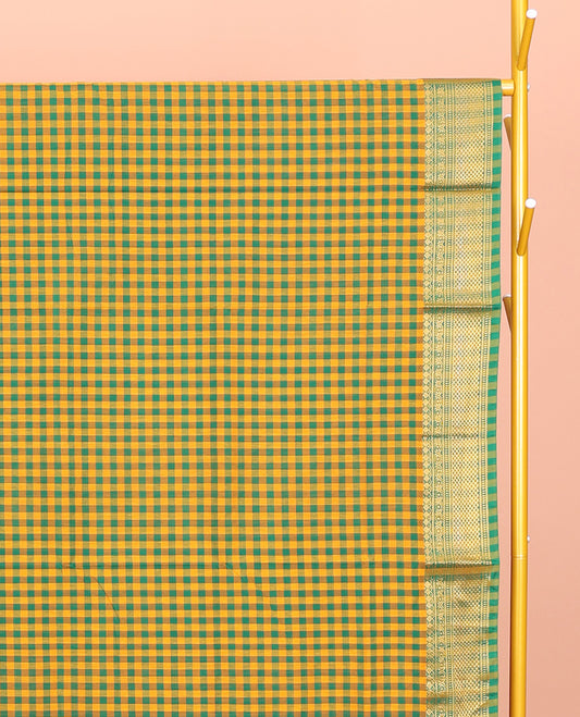 Yellow-Green Chettinad Cotton Saree, Features Micro-Checks, Highlighted by Traditional Zari Border, Striped Pallu, and No Blouse