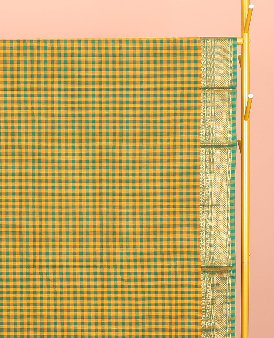 Yellow-Green Chettinad Cotton Saree, Features Micro-Checks, Highlighted by Traditional Zari Border, Striped Pallu, and No Blouse