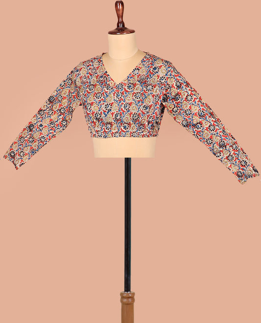 Red Base Readymade Blouse Intricately Printed with Kalamkari Floral Vine Print, Featuring Front V-Neck, Back Closed Neck, and Full Sleeves