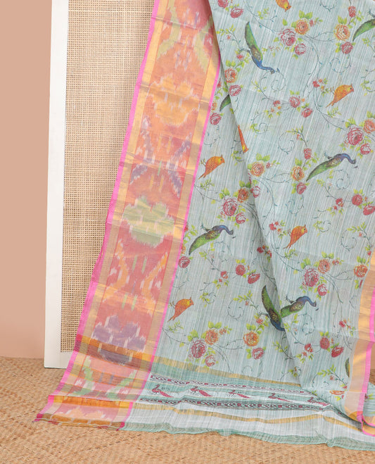 Light blue floral, bird motifs chirala cotton saree with contrast round motifs border & peacock design pallu