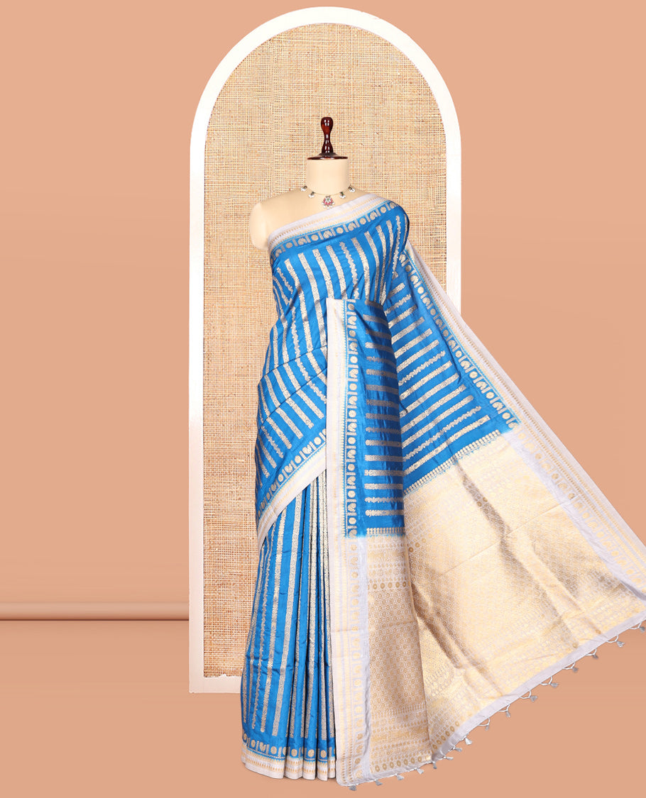 Blue Zari Stripes Fancy Raw Silk Saree, Contrast Traditional Border, Jaal Pallu, and Contrast Blouse