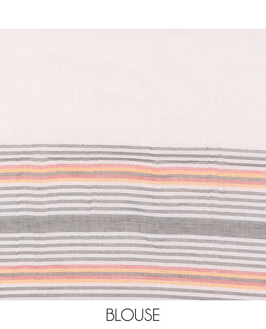 Cream Plain Khadi Mul Cotton Saree, Subtle Border Steeped with Stripes, Plain Pallu, Paired with a Matching Blouse