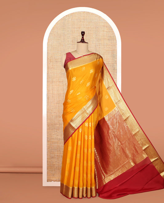 Yellow Mysore Silk Saree, Detailed with Zari Buttas, Complemented by a Contrast Traditional Zari Border, Jaal Pallu, and a Contrast Blouse