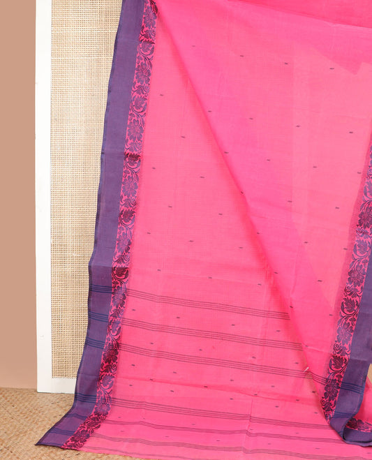Pink flower motifs bengal cotton saree with contrast floral zari design border & striped, floral design pallu