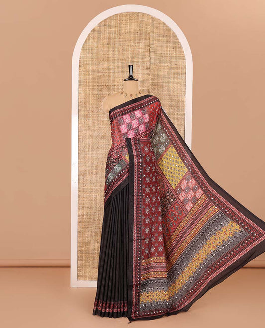 Black geometric printed with mirror work masakali saree, self-border, printed and mirror work pallu, and a matching blouse