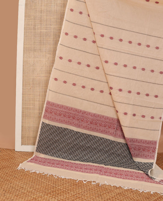 Borderless Beige striped floral design coimbatore cotton saree with floral design pallu