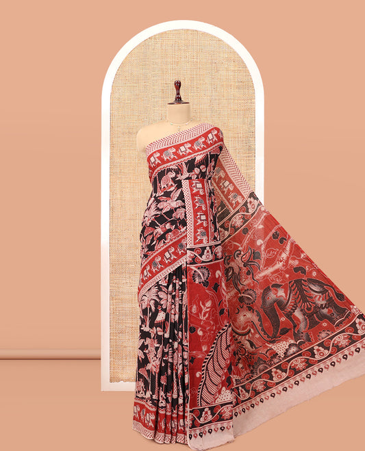 Black Kalamkari Cotton Saree, Ornamented with Animal Themed Print, Contrast Printed Border, Kalamkari Animal Motifs Pallu, and a Contrast Blouse