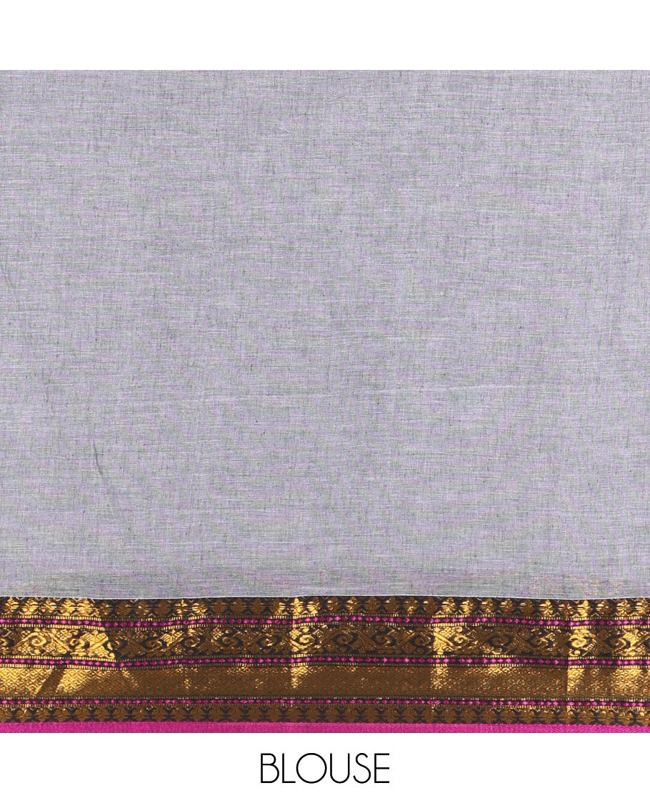 Grey Plain Khadi Mul Cotton Saree, Complemented by a Contrast Traditional Zari Border, a Self-Pallu, and Paired with a Matching Blouse