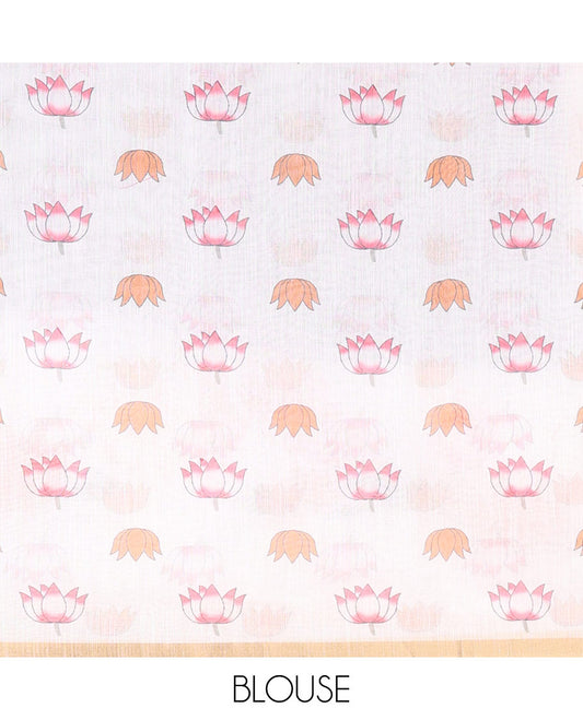Grey Plain Linen Cotton Saree, Complemented by a Contrast Border Depicting Pichwai Cow and Lotus Motifs Print, Pallu of the Same Body Print, and Paired with a Contrast Blouse