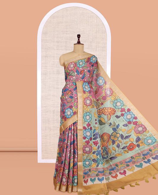 Pink Kalamkari Printed Fancy Tussar Saree