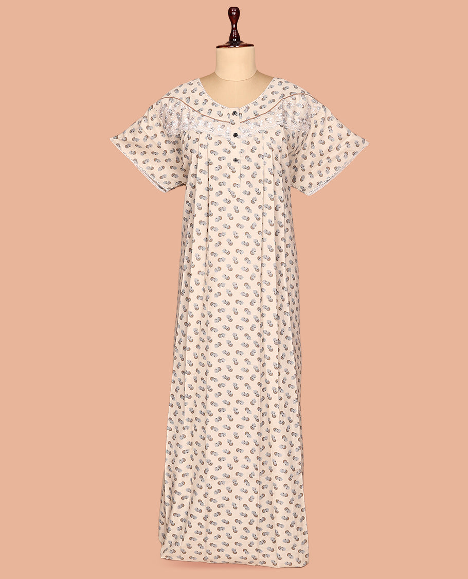 Off-White Floral Print Cotton-Blended Nighty