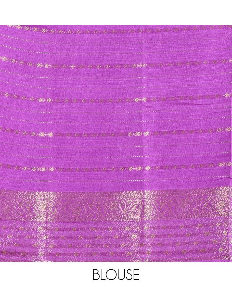 Mauve Dola Silk Saree Elevated with Paisley Buttas, and Horizontal Zari Stripes All Over Its Body, Complemented by Contrast Floral Creeper Zari Design Border, Pallu Steeped with Paisleys, and Paired with a Contrast Blouse