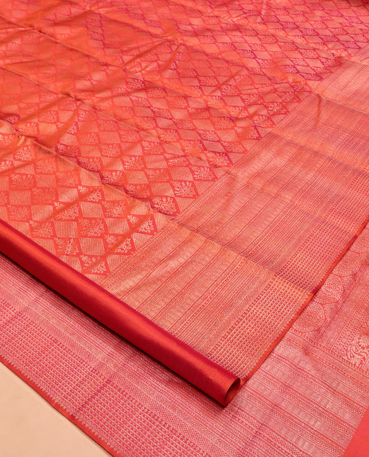 Red Kanchipuram Wedding Silk Saree, Beautified with Jacquard Design, a Traditional Zari Border, Greek Key Pallu, and a Matching Blouse