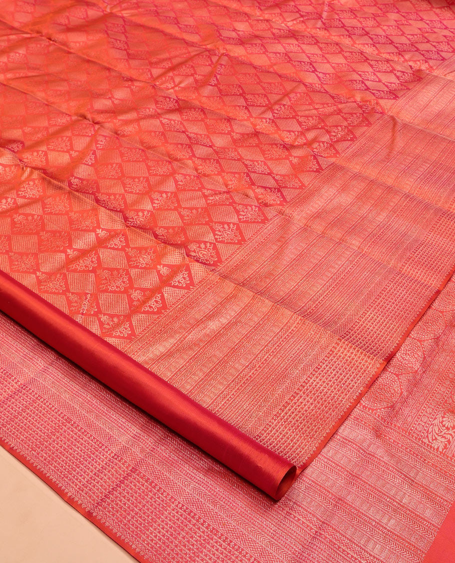Red Kanchipuram Wedding Silk Saree, Beautified with Jacquard Design, a Traditional Zari Border, Greek Key Pallu, and a Matching Blouse