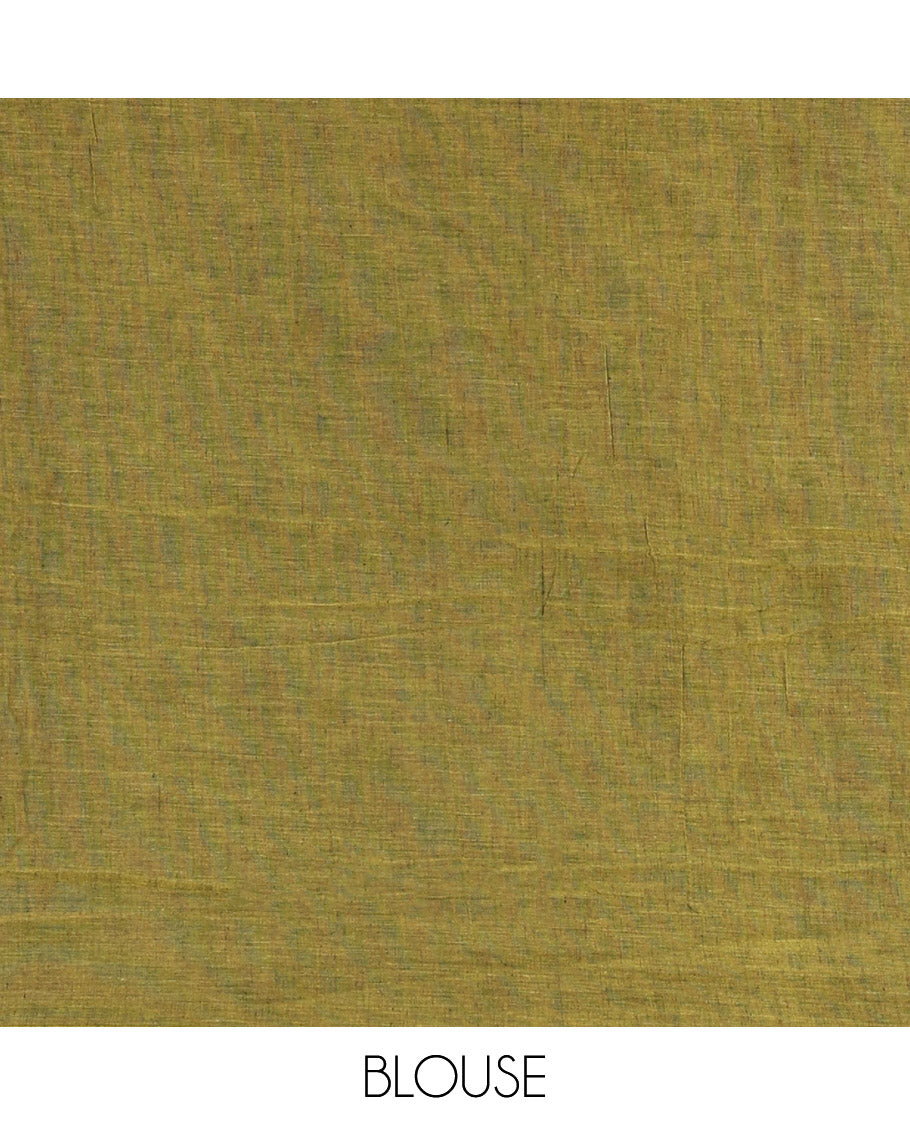 Borderless Mehandi Khadi Mul Cotton Saree, Delicately Woven with Heart Motifs Embroidered All Over Its Body, a Self-Pallu, and Matching Blouse