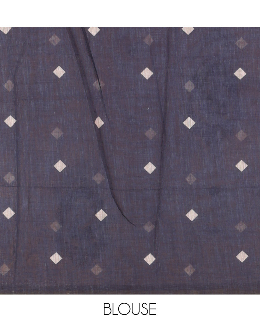 Borderless Chikku Linen Cotton Saree Showcasing Face Print, Contrast Pallu of Chevron Stripes and Face Print, a Contrast Blouse