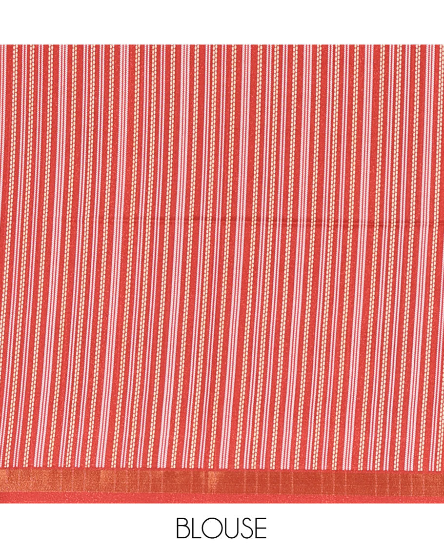 Cream-Maroon Katan Silk Saree Features Buttas, Complemented by Contrast Temple Zari Border, Striped Pallu, and a Contrast Blouse