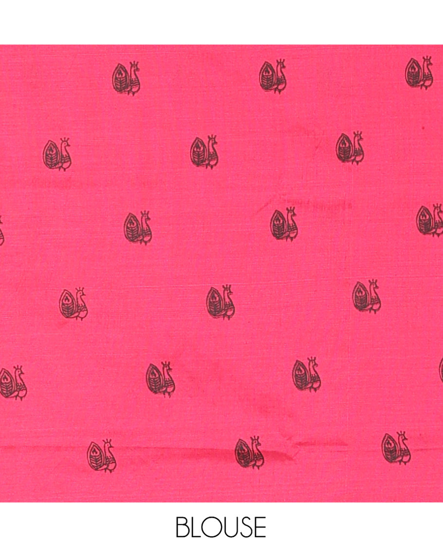 Borderless Pink Warli Printed South Cotton Saree, Printed Pallu and a Matching Blouse