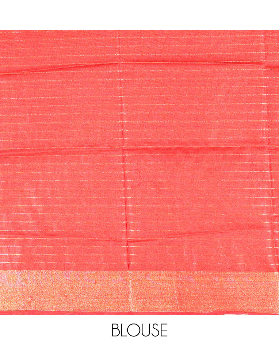 Cream and Red Linen Saree Sparsely Sparkled with Checks, Subtly Designed Zari Border, Zari Striped Pallu, and Paired with a Contrast Blouse